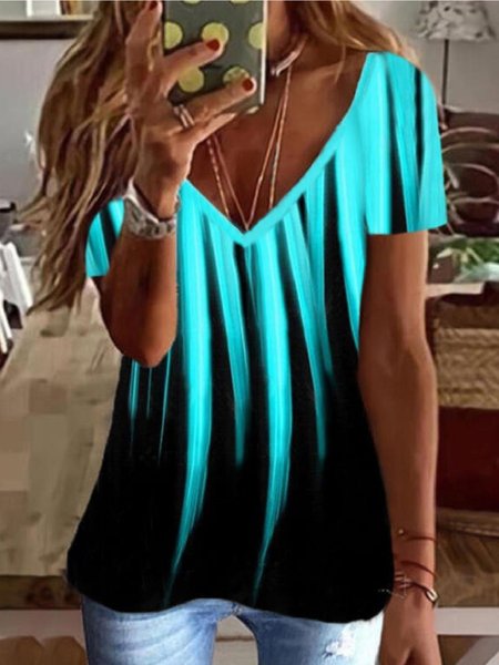 

Casuale Stampato Scollo a V Maniche Corte Camicie & Top, Blu, T-Shirts
