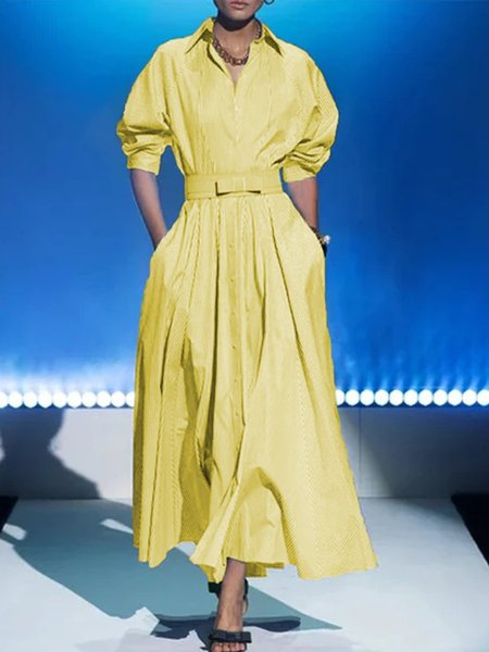 

Stripes Long Sleeve Shirt Collar A-Line Maxi Dress, Yellow, Maxi Dresses