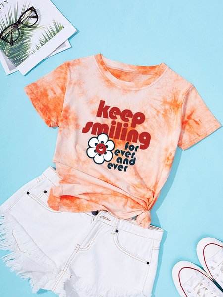 

Keeping Smile Graphic Short Sleeve Tie Dye Tee, Orange, T-shirts