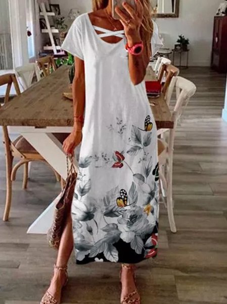 

Maniche Corte Cotone Abito, Bianco-nero, Casual Dresses