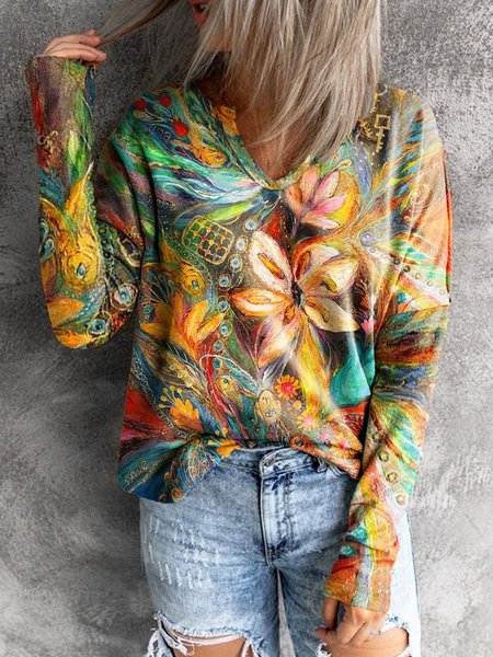 

Long Sleeve V Neck Cotton-Blend Casual Tops, Multicolor, Blouses & Shirts
