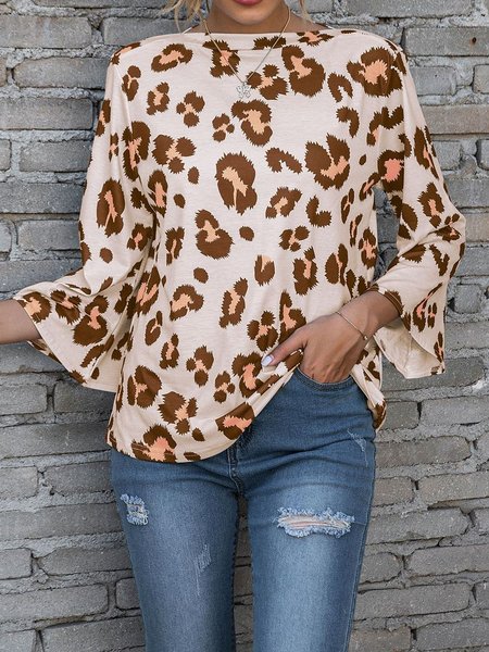 

Leopard Floral-Print Shift Cotton-Blend Boho Shirts & Tops, Brown, Printed T-shirts