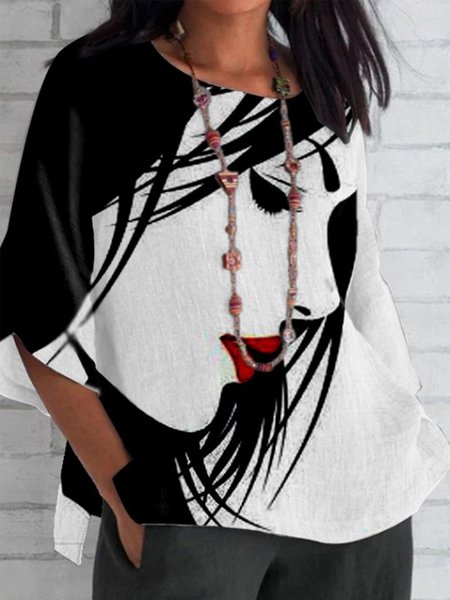 

Fashion Face Printed Half Sleeve Crew Neck Plus Size Casual Tops, White-black, Blouses & Shirts
