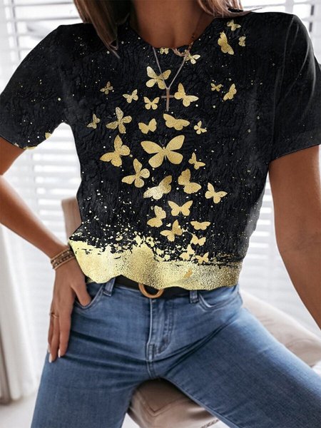 

Vintage Farfalla Stampato Maniche Corte Girocollo taglia grande Casuale Top, Nero, T-Shirts