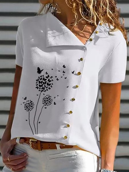 

Vintage Butterfly Dandelion Printed Short Sleeve Asymmetrical Buttoned Plus Size Casual Tops, White, Blouses & Shirts