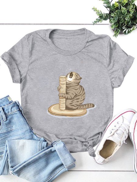 

Watercolor Cat Short Sleeve Crew Neck Casual Shirts & Tops, Gray, T-shirts