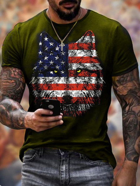 

Independence Day American Flag Wolf Print Crew Neck T-Shirt, Army green, Men's t-shirts