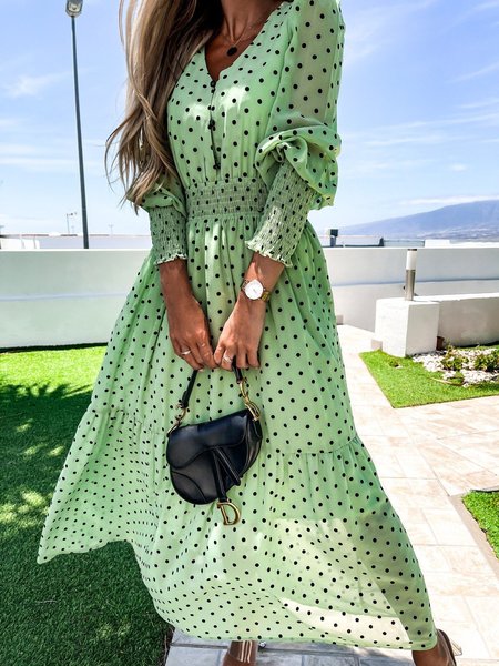 

Long Sleeve Holiday Polka Dots V Neck Dresses, Aqua, Casual Dresses