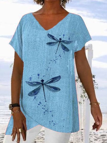 

Casuale Stampato Scollo a V Maniche Corte Camicie & Top, Blu, T-Shirts