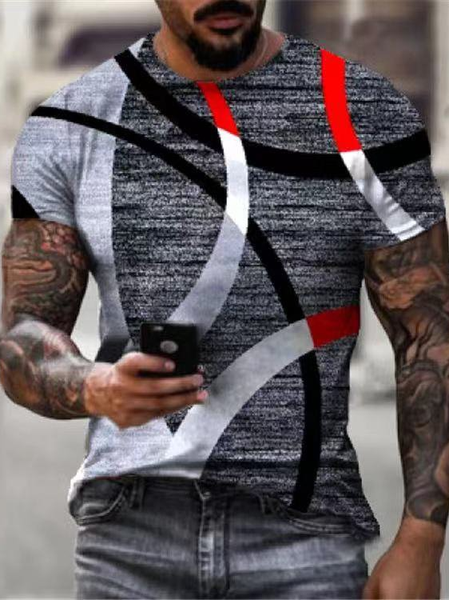

Geometric Crew Neck T-Shirts & Tops, As picture, Men's t-shirts