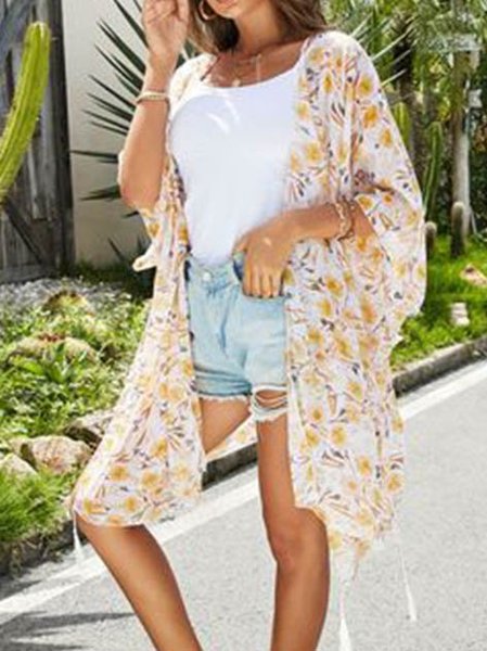 

Half Sleeve V Neck Floral Cardigan, Yellow, Outerwear