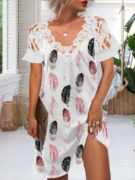 

Vintage Feather Printed Short Sleeve Lace V Neck Plus Size Casual Weaving Dress, White, Mini Dresses