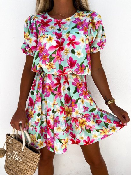 

Resort Short Sleeve Floral Crew Neck Dresses, Flower, Floral Dresses