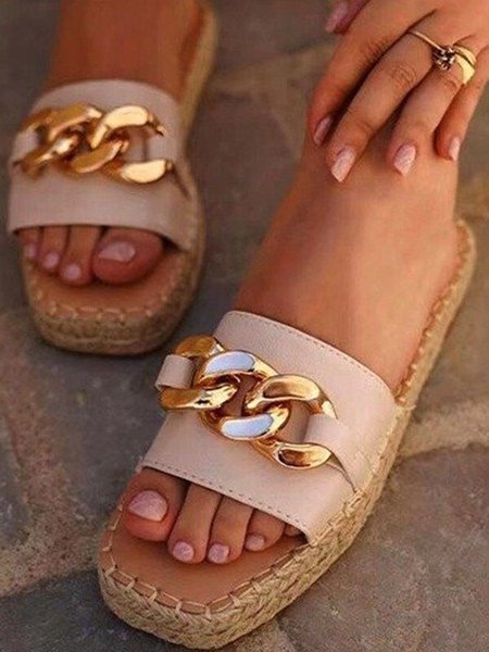 

Golden Thick Chain Straw Woven Slippers, Khaki, Slippers