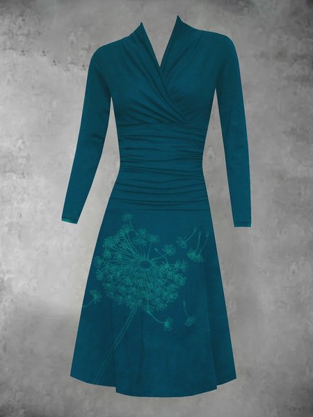 A-Line Long Sleeve V Neck Knitting Dress, Purplish blue, Dresses