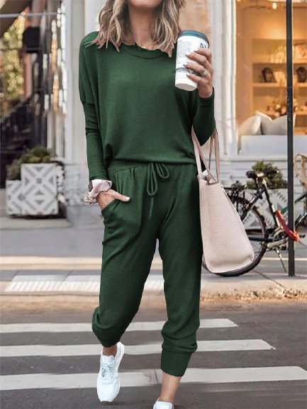 

Women Casual Crew Neck Cotton-Blend Long Sleeve Sport Suit, Darkgreen, Suits