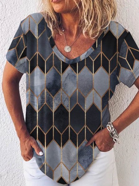 

Maniche Corte Paisley Misto Cotone Bohemian Top, Blu marino, T-Shirts