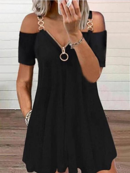 

Tinta unita Cerniera Maniche Corte Scollo a V taglia grande Gonna Casuale, Nero, Dresses