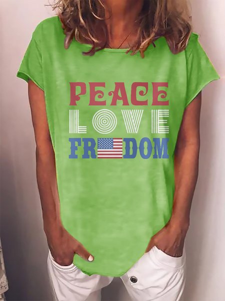 

Peace Love Freedom American Flag Graphic Short Sleeve Loose Tee, Green, T-shirts