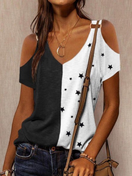 

Casuale Maniche Corte Girocollo Stampato Camicie & Top, Nero, Blouses & Shirts