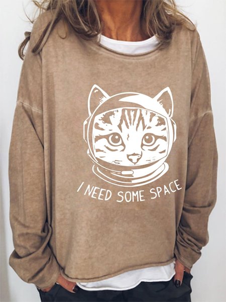 I Need Some Space Cat Cotton-Blend Casual Crew Neck Sweatshirt, Light brown, Hoodies&Sweatshirts