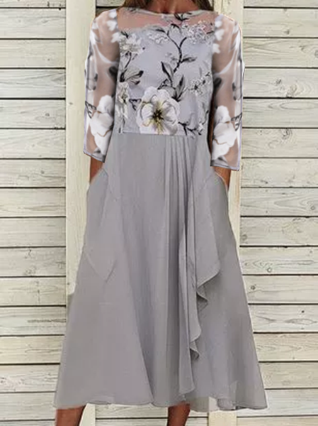 

Girocollo Abito Floreale Bohemian Misto Cotone, Grigio, Midi Dresses