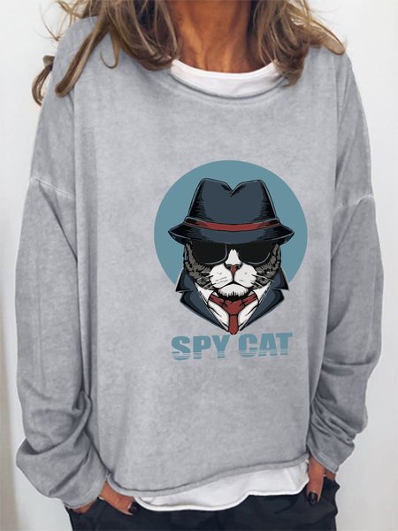 

Spy Cat Casual Crew Neck Cotton-Blend Sweatshirt, Light gray, Hoodies&Sweatshirts