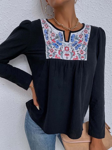 

Embroidered Long Sleeve Casual Shirts & Tops, Black, Long sleeve tops