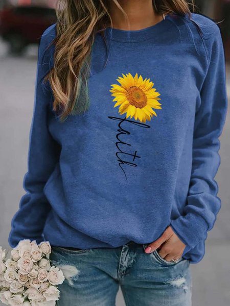 

Women's Sunflower Faith Print Round Neck Loose Top, Blue, Hoodies&Sweatshirts