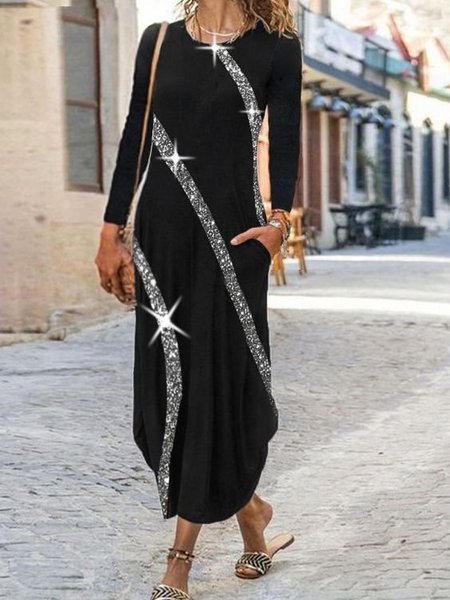 

Abito Maniche Lunghe Casuale A-line, Nero, Maxi Dresses