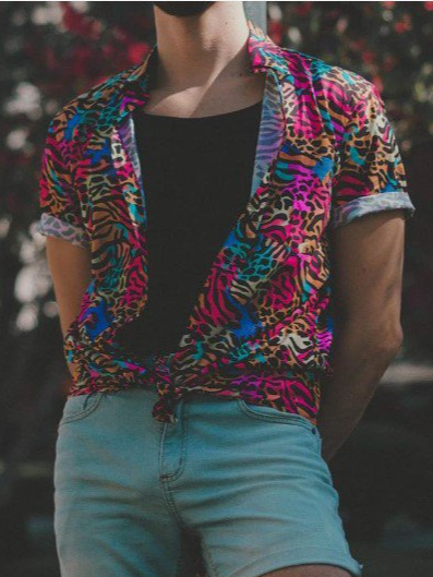 

Retro Colorful Leopard Short Sleeve Shirts, Purplish blue, Men's Floral shirt
