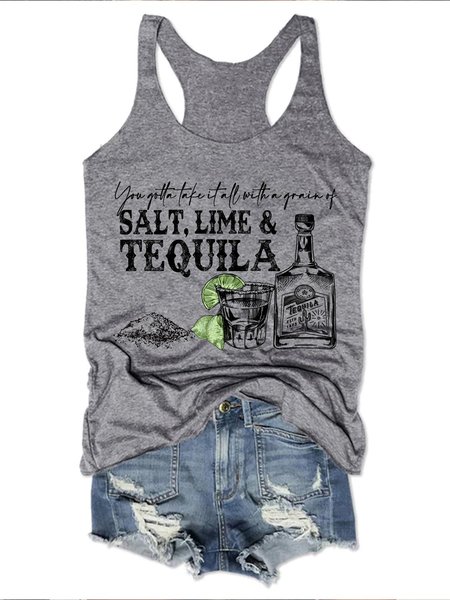 

You Gotta Take It All With A Grain Of Salt Lime And Tequila Tank Top, Gray, Tank Tops