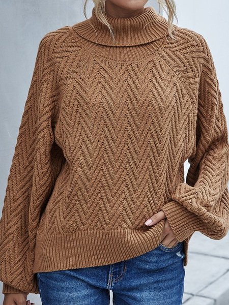 Long Sleeve Turtleneck Casual Solid Sweater, Brown, Knitwear & Sweaters