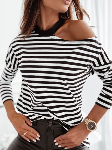 

Maniche Lunghe a Righe Top, Bianco-nero, T-Shirts