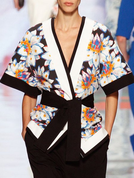 

Daily Half Sleeve V Neck Floral Shift Top, Multicolor, Blouses and Shirts