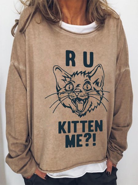 

Are You Kitten Me Long Sleeve Cotton-Blend Sweatshirt, Light brown, Hoodies&Sweatshirts