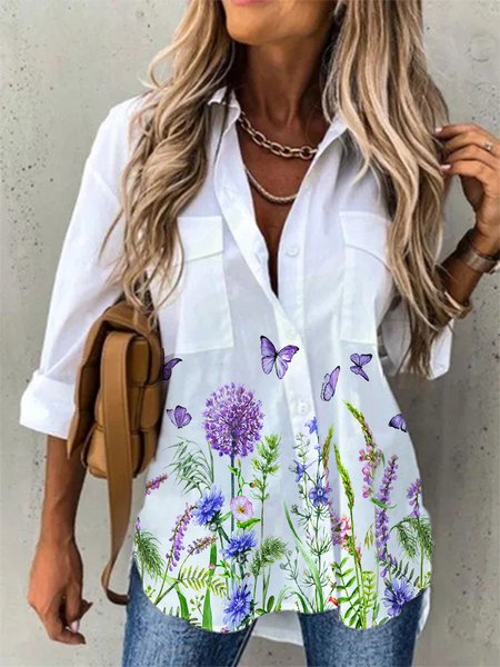 

Casual Shawl Collar Floral Pockets Shirts & Tops, White, Shirts & Blouses