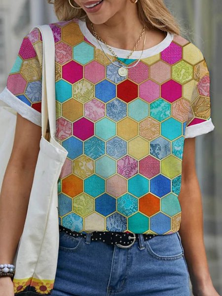 

Boho Crew Neck Paisley Cotton-Blend T-shirt, Multicolor, T-Shirts