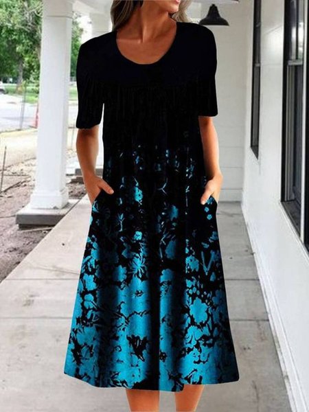 

Girocollo Maniche Corte Stampato Vacanza Abito, Nero, Summer dresses