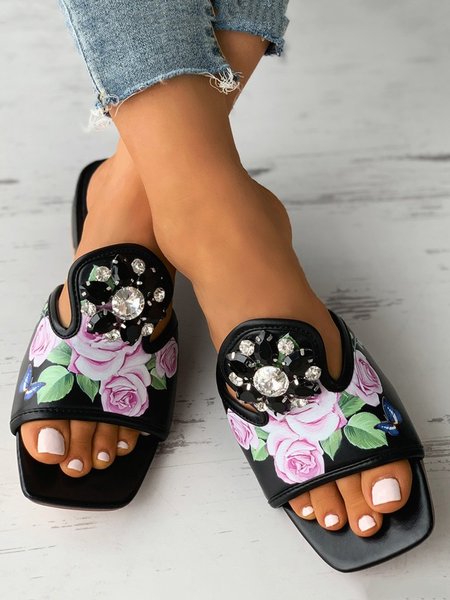 

Floral Print Rhinestone Decor Chunky Heels, Black, Sandals