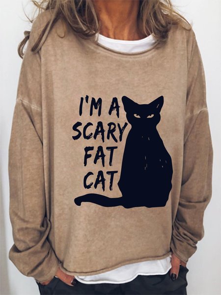 

I Am A Scary Fat Cat Crew Neck Casual Sweatshirt, Light brown, Hoodies&Sweatshirts