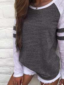

Crew Neck Vintage Long Sleeve Stripes T-shirt, Gray, T-shirts