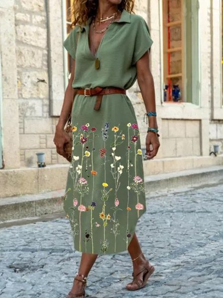 

Dritto Scollo a V Cotone Maniche Corte Abito, Verde oliva, Midi Dresses