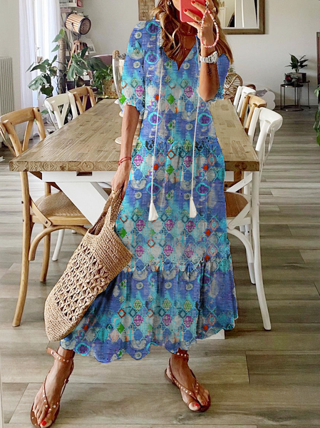 

A-line Maniche Corte Scollo a V Astratto Abito, Blu, Maxi Dresses