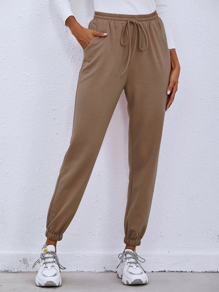 

Pockets Solid Sport Pants, Brown, Pants