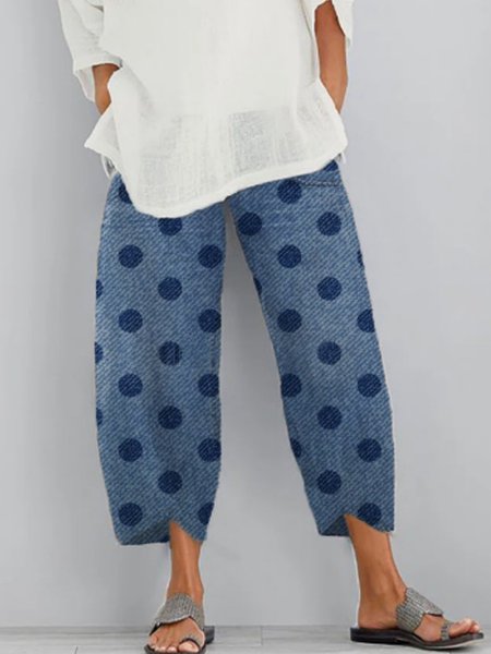 

Vintage Polka Dots Floral Printed Pockets Plus Size Casual Denim Jeans, Navy blue dot, Jeans