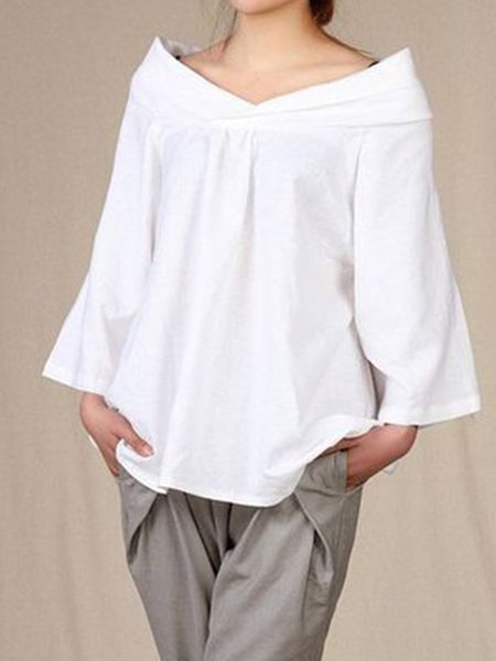 

V Neck Gathered Casual Shirt, White, Blouses and Shirts