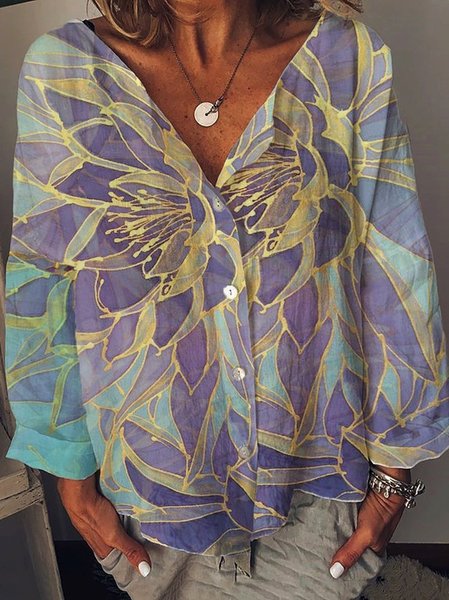 

Floral Boho Crew Neck Printed Blouse, As picture, Shirts & Blouses
