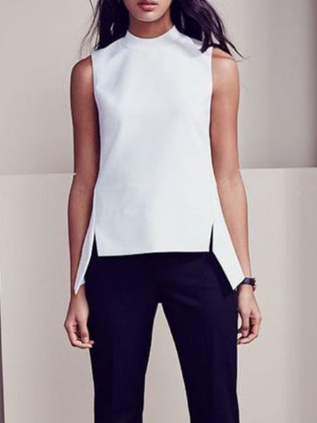 

Stand Collar Shift Sleeveless Plain Top, White, Tanks and Camis