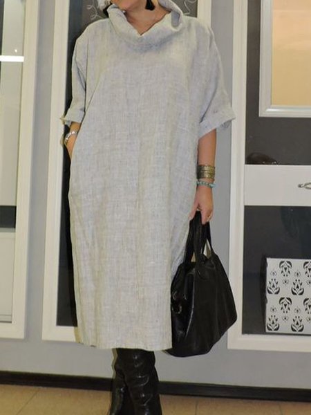 

Plain Turtleneck Half Sleeve Casual Midi Dress, Gray, Midi Dresses